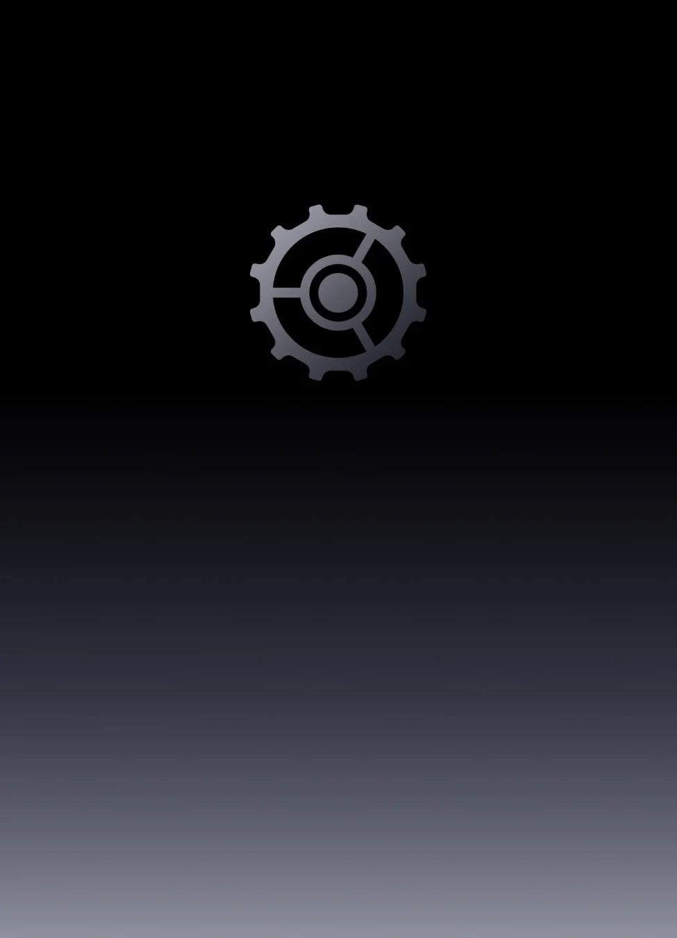 Graues Zahnrad-Logo als minimalistisches Icon vor schwarzem und dunkelgrauem Hintergrund
