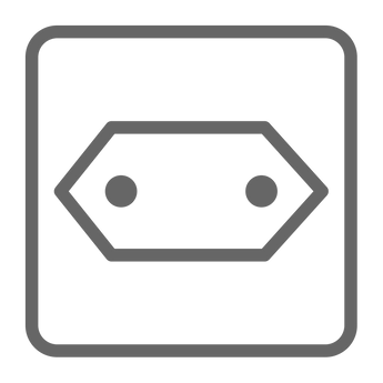 Frontalansicht eines quadratischen Symbols für eine C8-Buchse mit zwei Kontaktöffnungen innerhalb einer geometrischen Linienform.