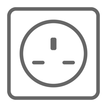 Graue Liniengrafik einer quadratischen UK-Steckdose in Frontalansicht mit den typischen drei rechteckigen Kontaktöffnungen für den bestware UK-Stecker.