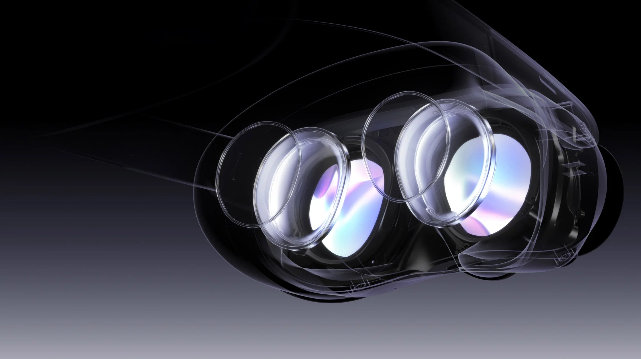 Technische Nahaufnahme der transparenten Linsen und des optischen Linsensystems einer High-End VR-Brille